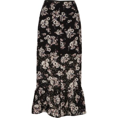 Black floral print frill hem midi skirt